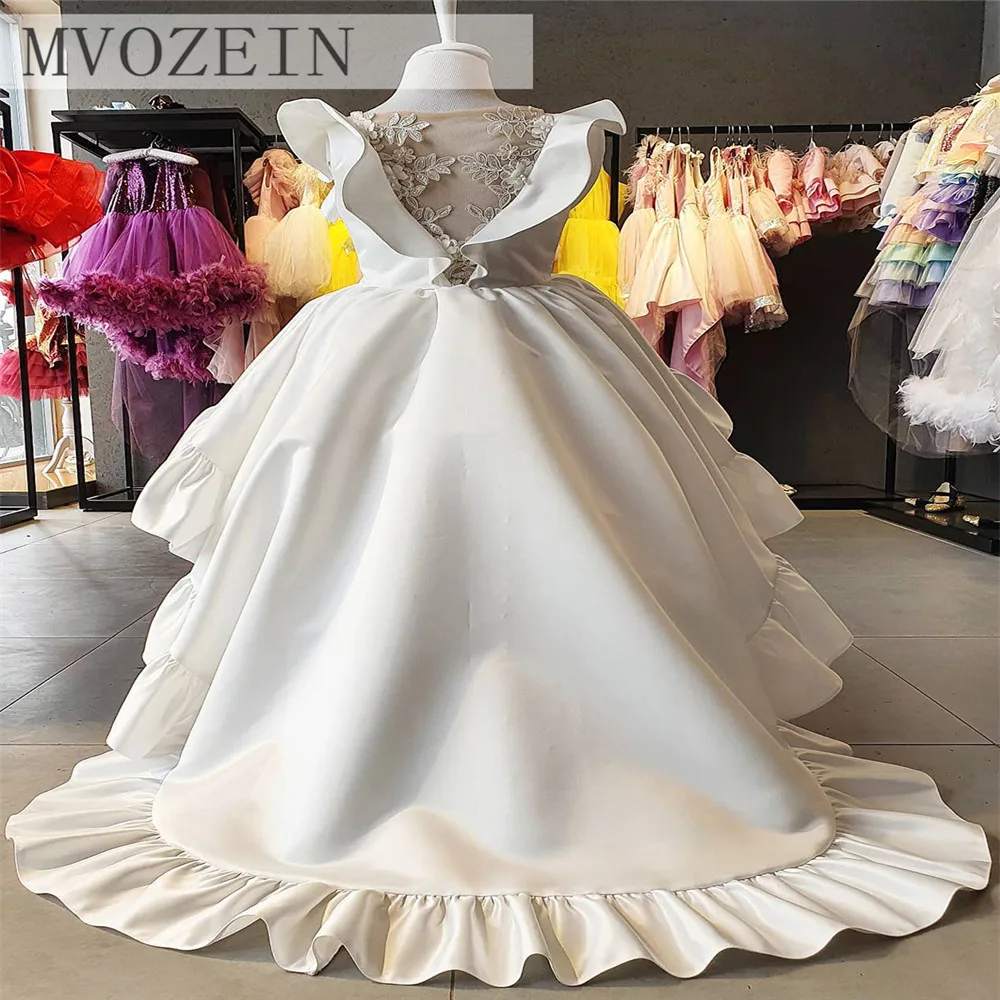 Satijnen Bloem Meisje Jurk Ivoor Meisje Prinses Jurk High-Low Wedding Party Dress Meisje Jurk Jurk Voor Meisjes