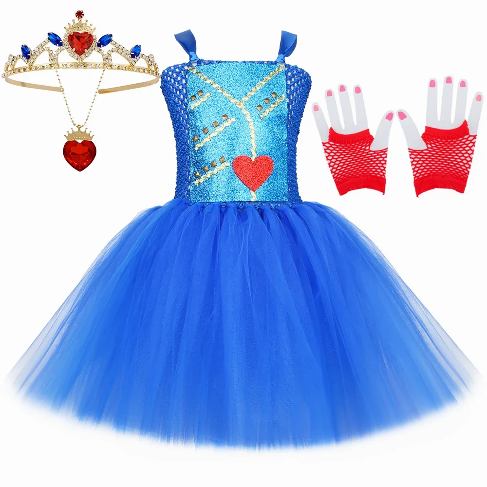 

Evie Descendants Costume for Girls Royal Blue Fancy Tulle Tutu Dress Halloween Carnival Party Princess Dress Up Clothes Set
