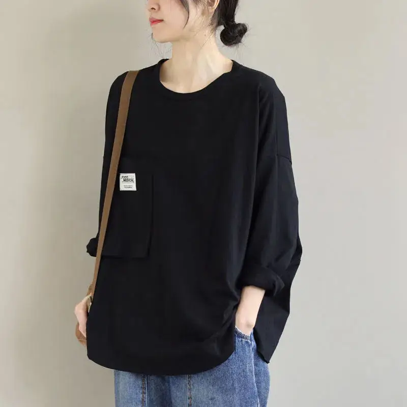 Spring Autumn Korean Simple Style Applique Pocket Solid Oversize T Shirt Women Casual O Neck Long Sleeve Top Female Clothing2023