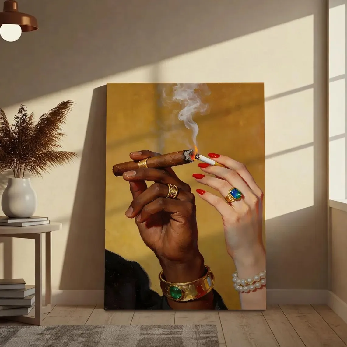 Cigar Oil Painting Wall Art, Vintage Smoking Artwork Whiskey Cocktail Painting, Lounge Bar Decor, Classic Gentleman Poster Print
