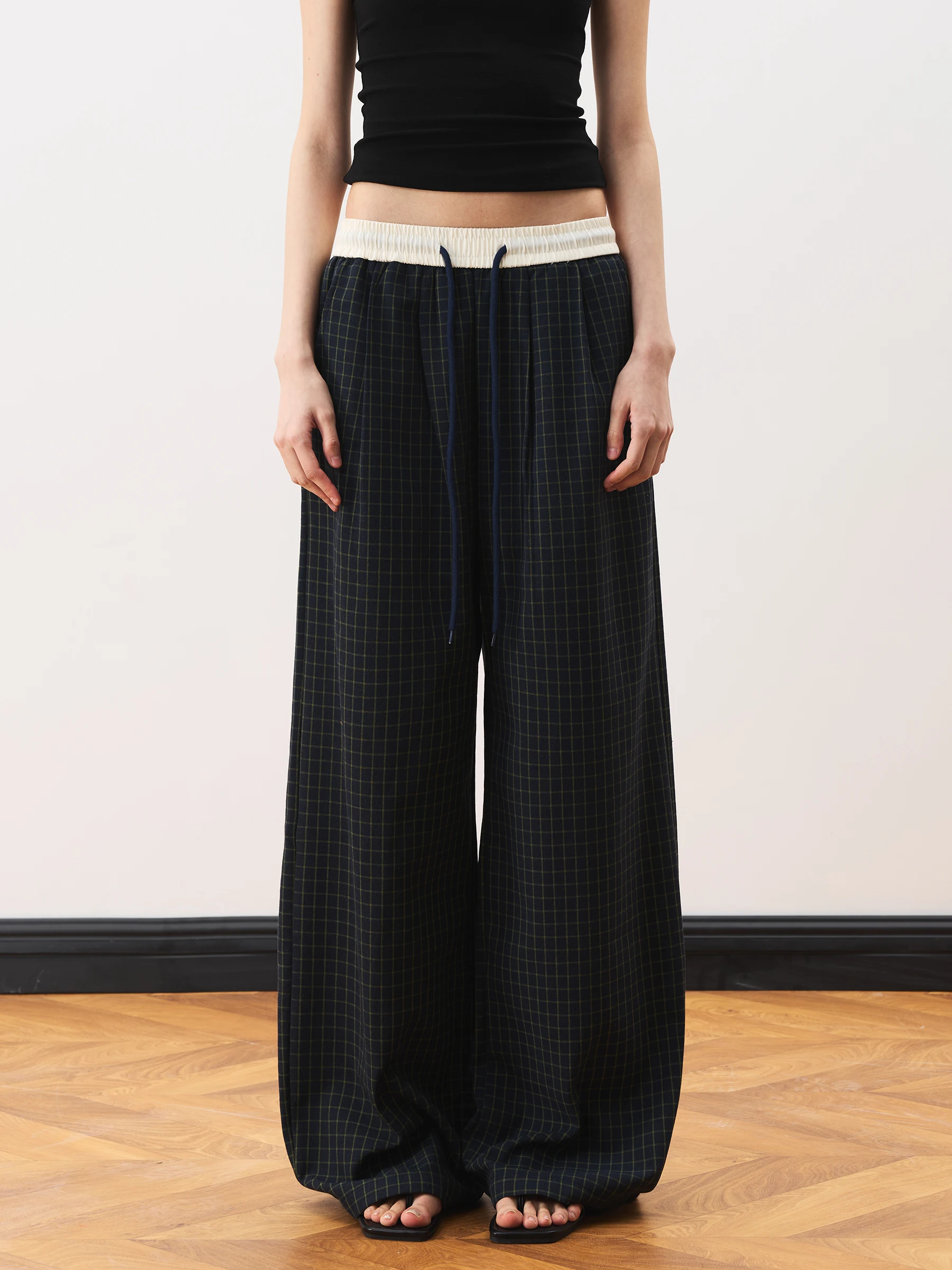 

Junecut American Retro Plaid Loose Wide Leg Casual Pants Women Summer New Style Lazy Drapey Straight Tube Pants