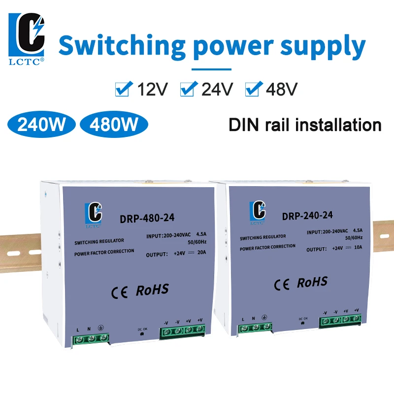 

LCTC 12V 24V 48V 480W 240W DIN Rail Mounting Laboratory /Adjustable /Bench Power Supply 5A 10A 20A 40A DC DRP-240/480