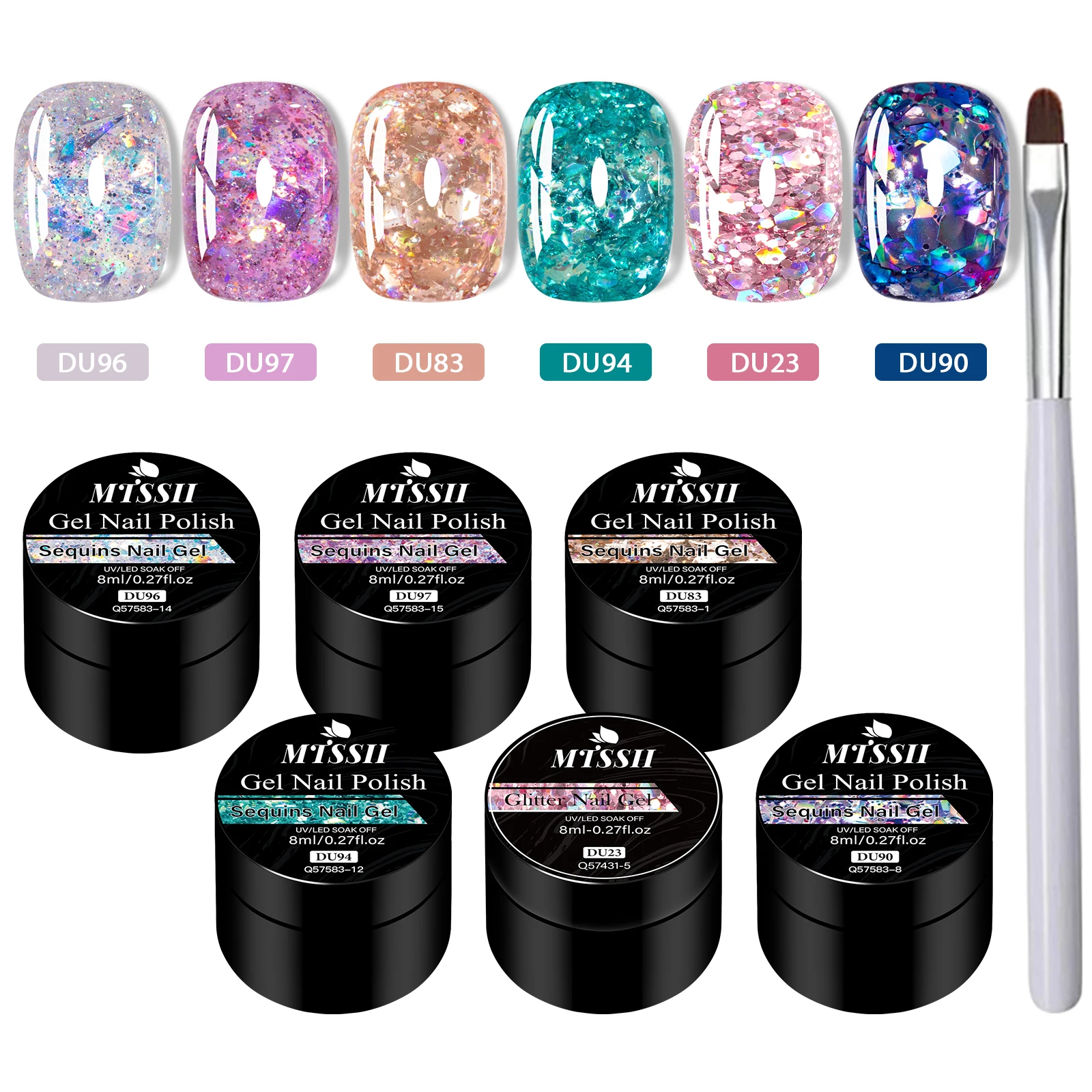 7pcs/set Gel Nail Polish With Nail Brush Sparkling Glitter Sequins UV Gel Varnish Soak Off Nail Art Decoration DIY Nail Supplies