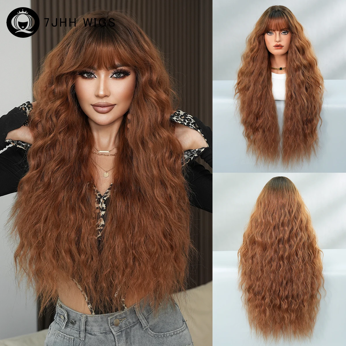 7JHH WIGS Lange gelockte braune Perücke für Damen, hochdichte synthetische Perücke im bescheidenen Stil, sofort tragbar, Schokoladenbraune Perücken mit ordentlichem Pony
