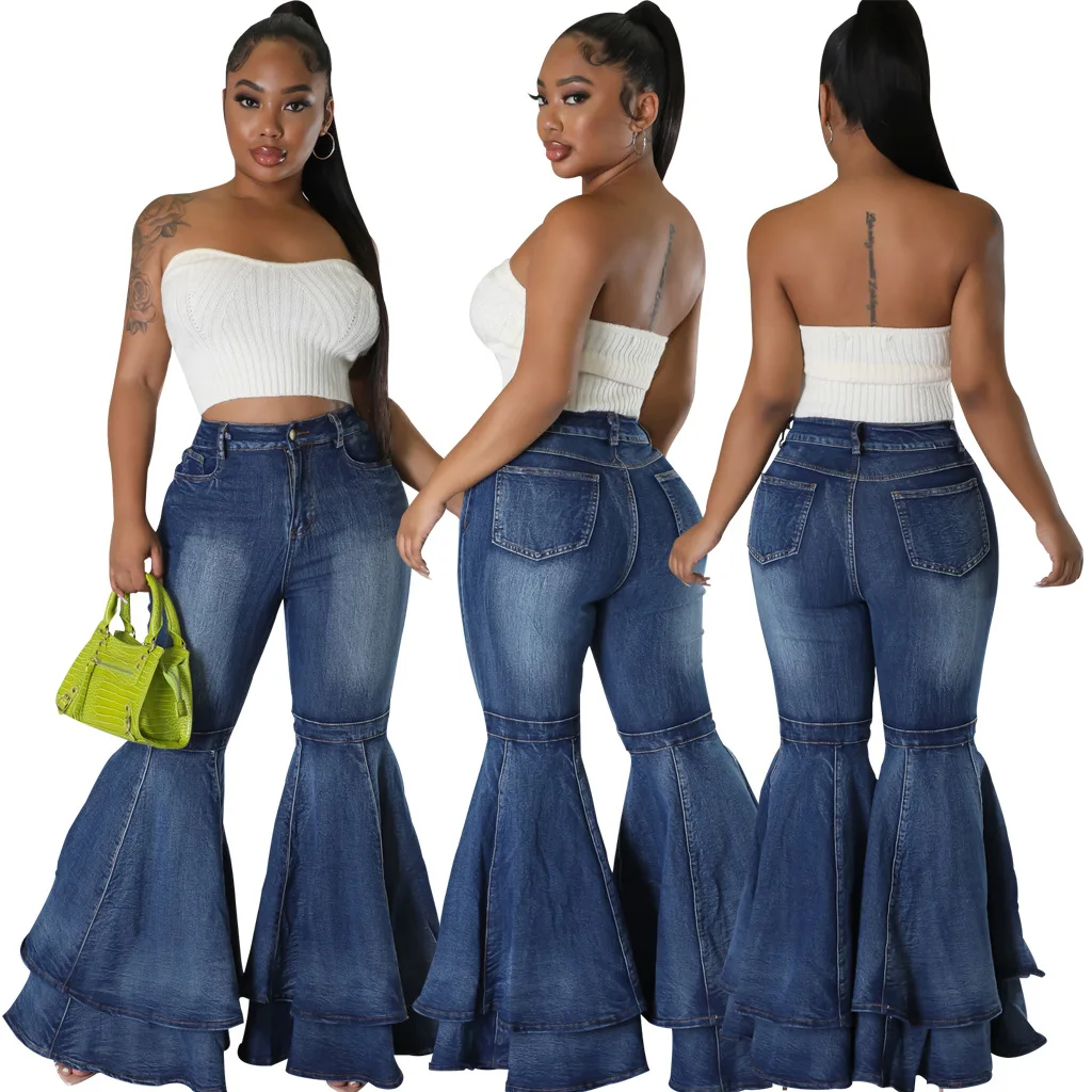 Women's Vintage Flare Jeans High Waist Stretch Denim Casual Jeans Solid Bodycon Work Long Bell Bottoms Fashion High Streetwear