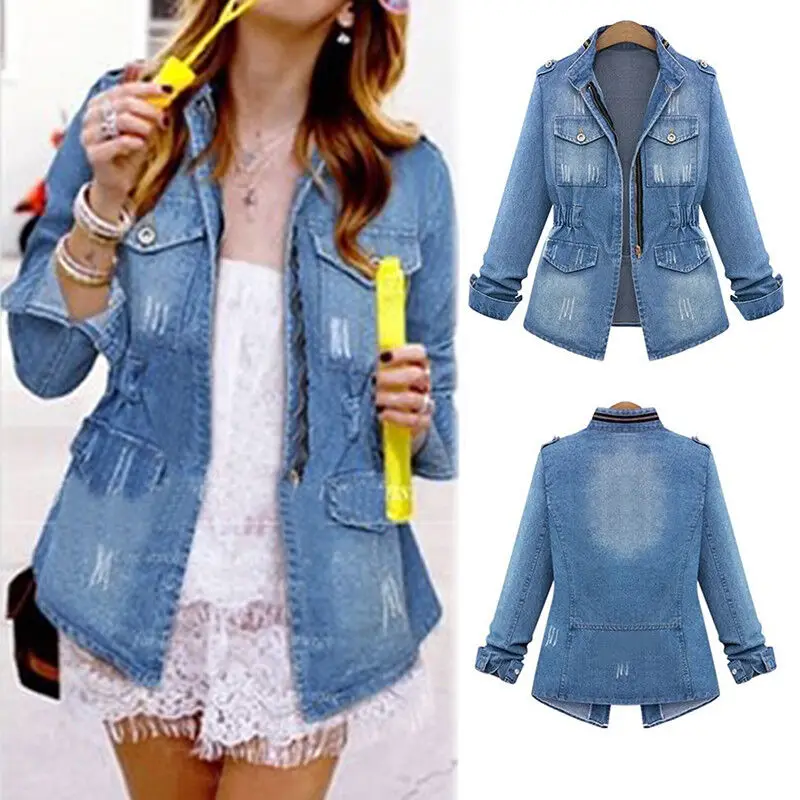 Jaket jins lengan panjang wanita, jaket Denim, jaket jins biru, lengan panjang, pakaian luar busana pria