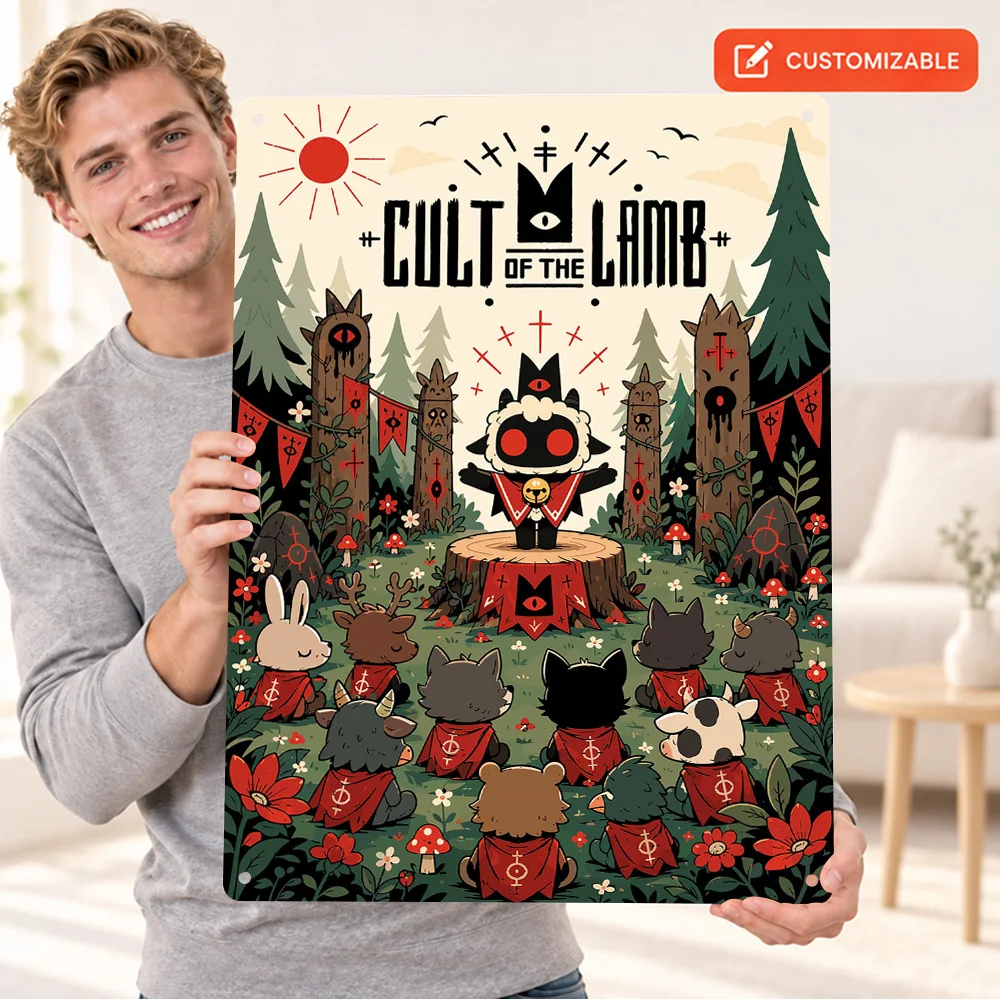 Cult Of The Lamb Aluminum Poster Personalized Metal Sign Vector Illustration Wall Art For Home Office Video Game Enthusiast Gift