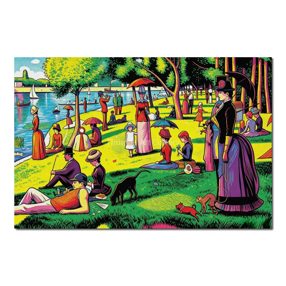 Large Pop Art Georges Seurat Sunday Afternoon Canvas Print Colorful Park Scene Wall Art for Living Room Bedroom Office Decor