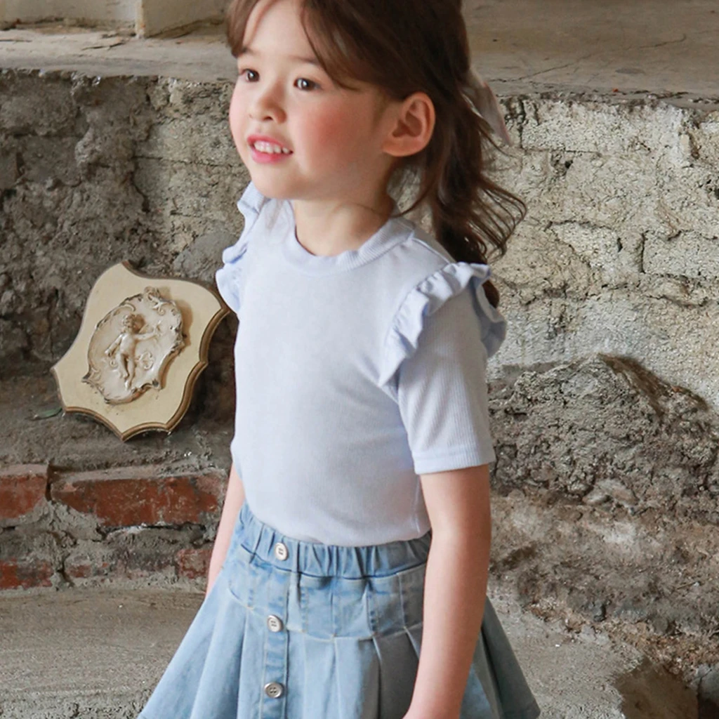 Kids Tops Korean Summer 2026 Kids' Girl Pure Color Short Sleeve T-Shirt with Ruffle Hem in Stock Children's Clothing