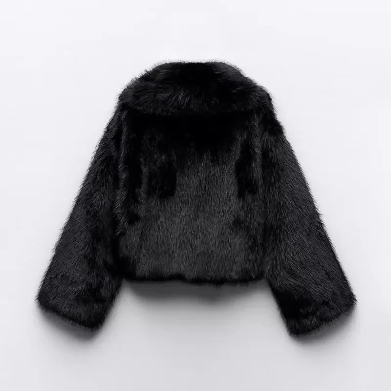 ふわふわワイドラペル黒ショートフェイクファージャケットファッションフルスリーブオーバーサイズクロップドジャケット2025冬新作ハイストリートアウターウェア