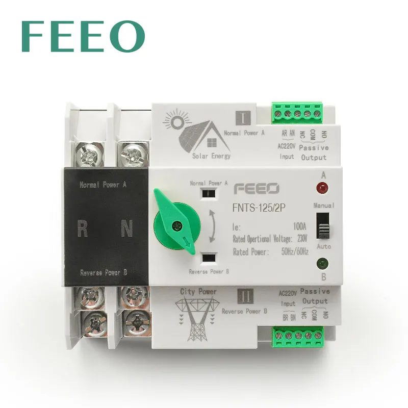 

FEEO Din Rail 2P 125A ATS Solar Energy Dual Power Automatic Transfer Switch Electrical Selector Switch Uninterrupted Power Home