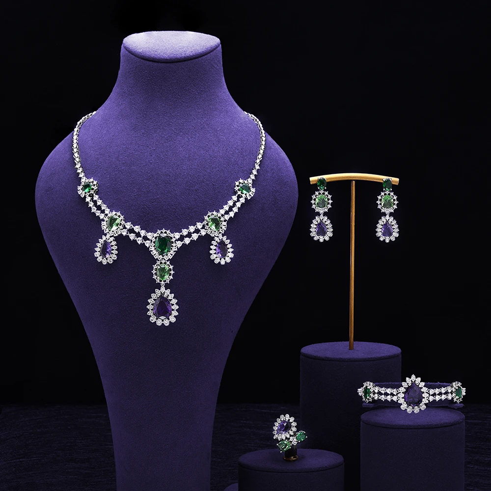 

Fashion Colors Cubic Zirconia Water Drop Jewelry Set 4 Pieces Luxury Wedding Bridal Jewelry Necklace Set Accessories