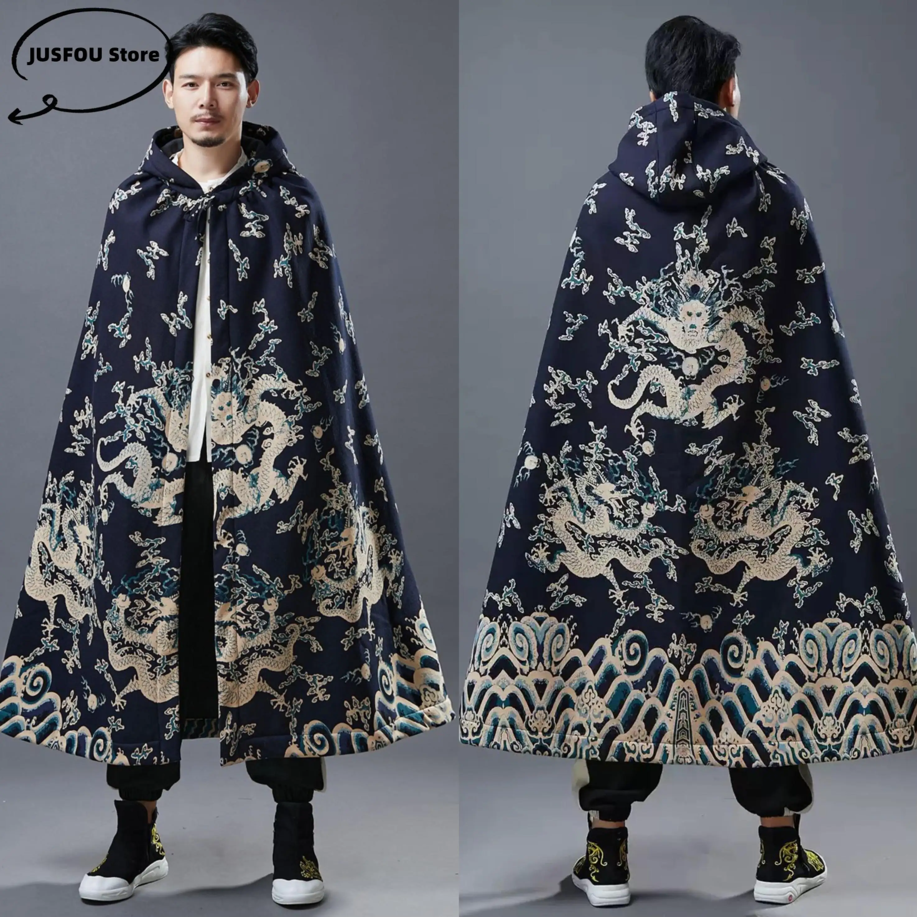 Plus Velvet Men&women Cotton Linen Chinese Style Cloak Windbreaker Print Dragon Robe Gown Retro Button Casual Coat Harajuku