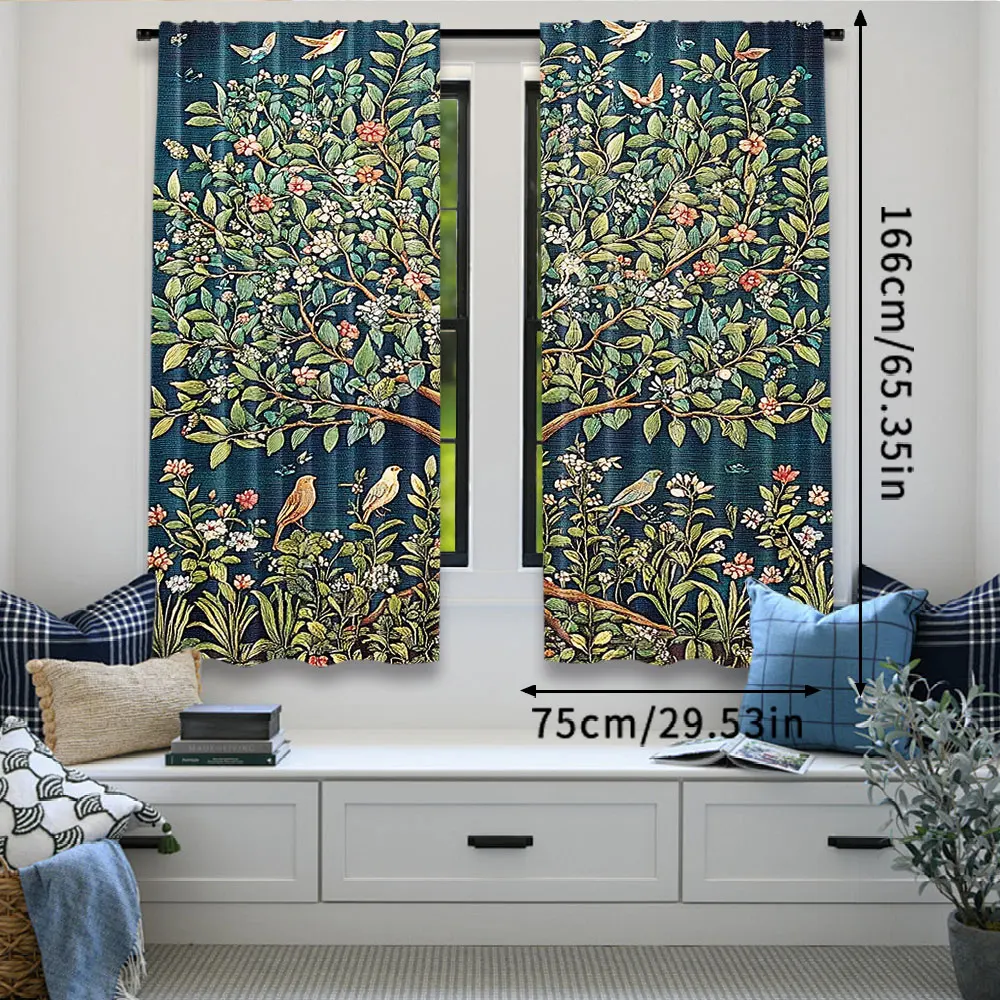2Pcs Boho William Morris Curtain Vintage Tree Of Life Art Style Tree With Flowers Curtain Suitable For Bedroom Living Room