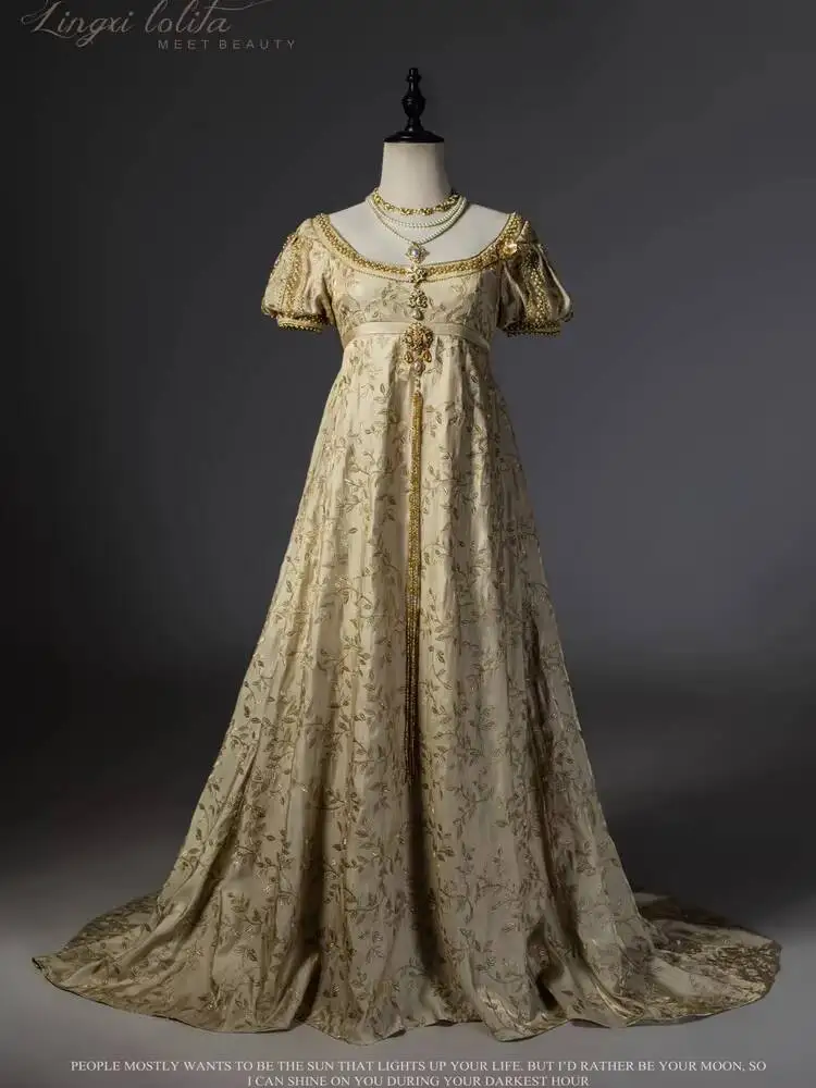 

Lolita Twilight Coronation Victorian Empire Waist Gown Women Golden Embroidery Regency Gown Vintage Court Party Evening Dress