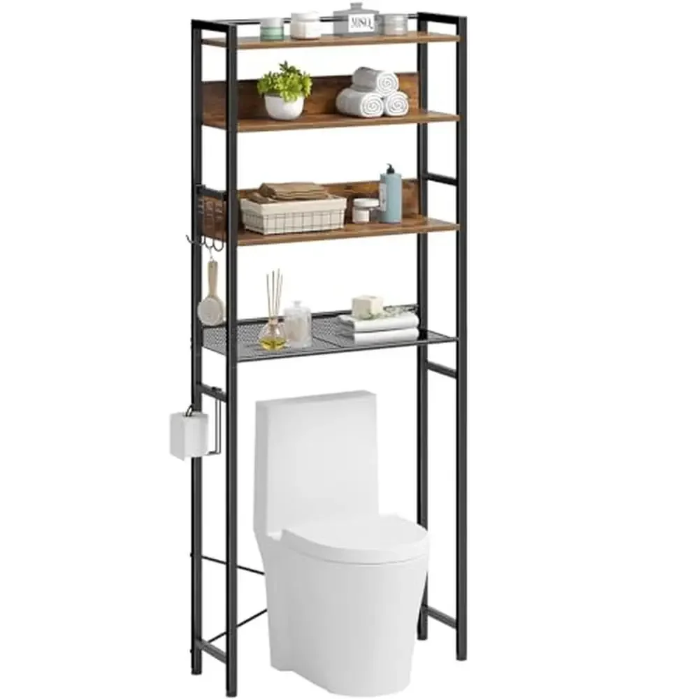 4-Tier Bathroom Shelves Over Toilet Rack Hooks Sturdy Metal Frame Space-Saving Organizer Bath Towels Plants Candles Eco-Friendly