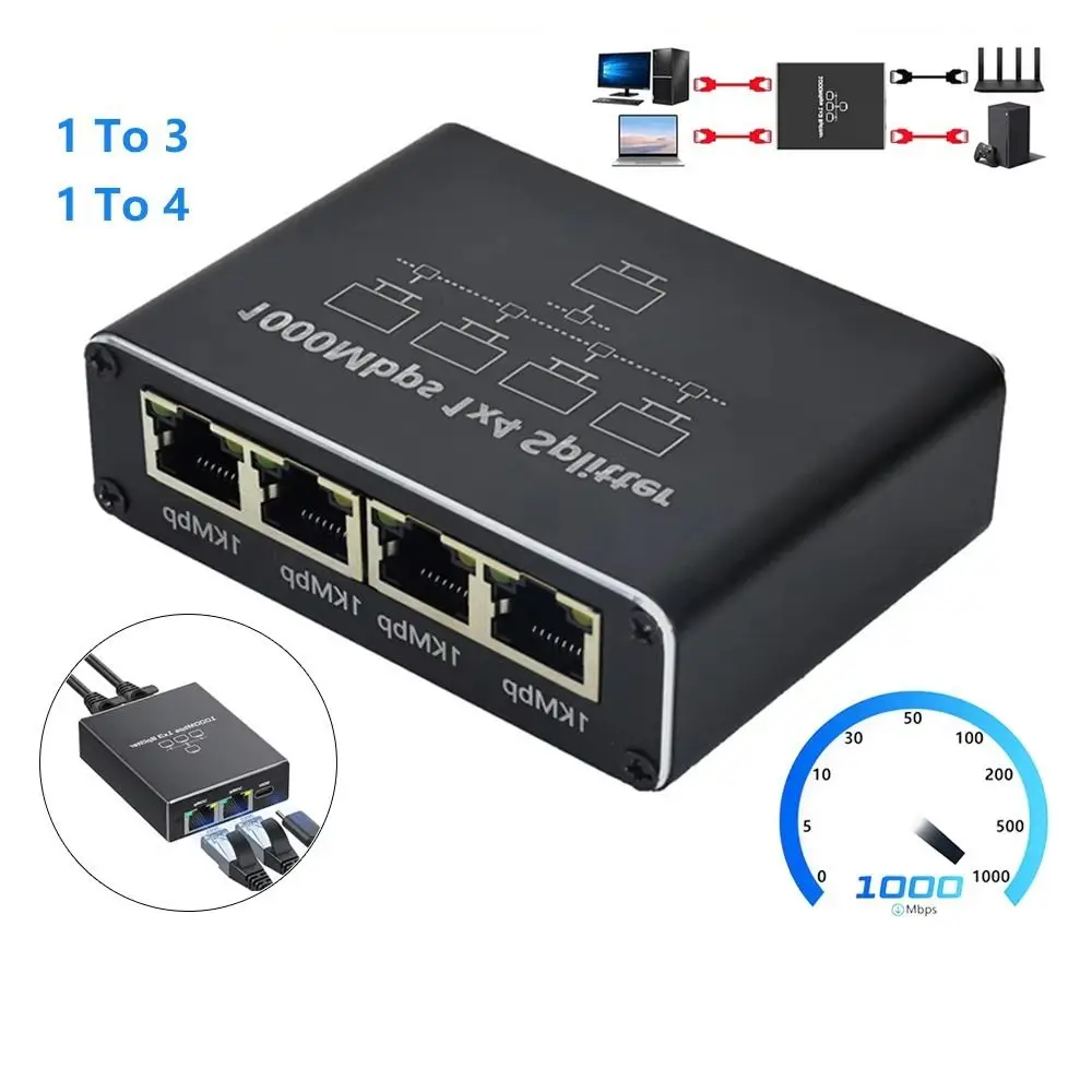 

Simultaneous Networking Network Splitter 1 to 3/4 RJ45 Gigabit Ethernet Splitter Portable Multi-function Ethernet Switcher