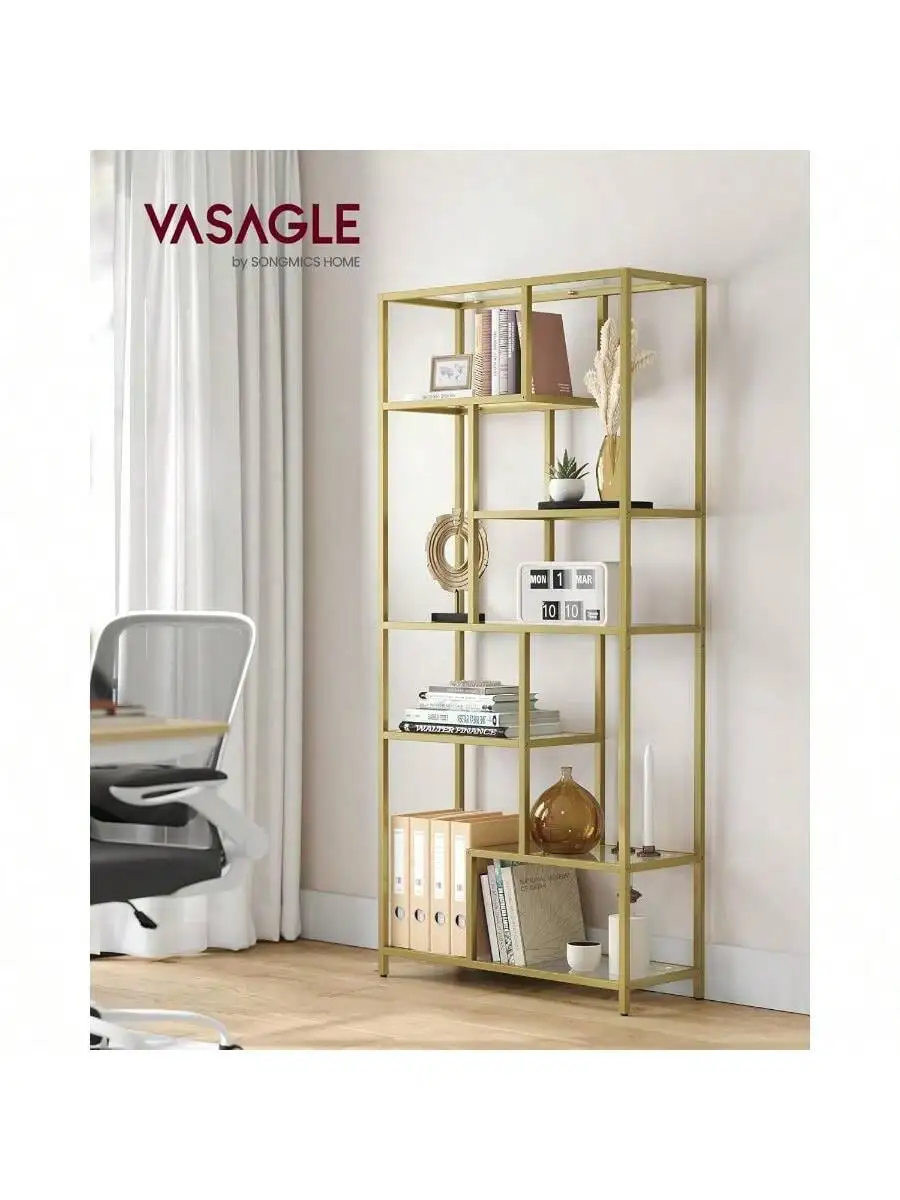 VASAGLE Bookshelf, 6-Tier Tall Bookcase, Display Shelf, Plant Stand, 11.8 X 31.5 X 70.9 Inches, Tempered Glass, For Study, Of