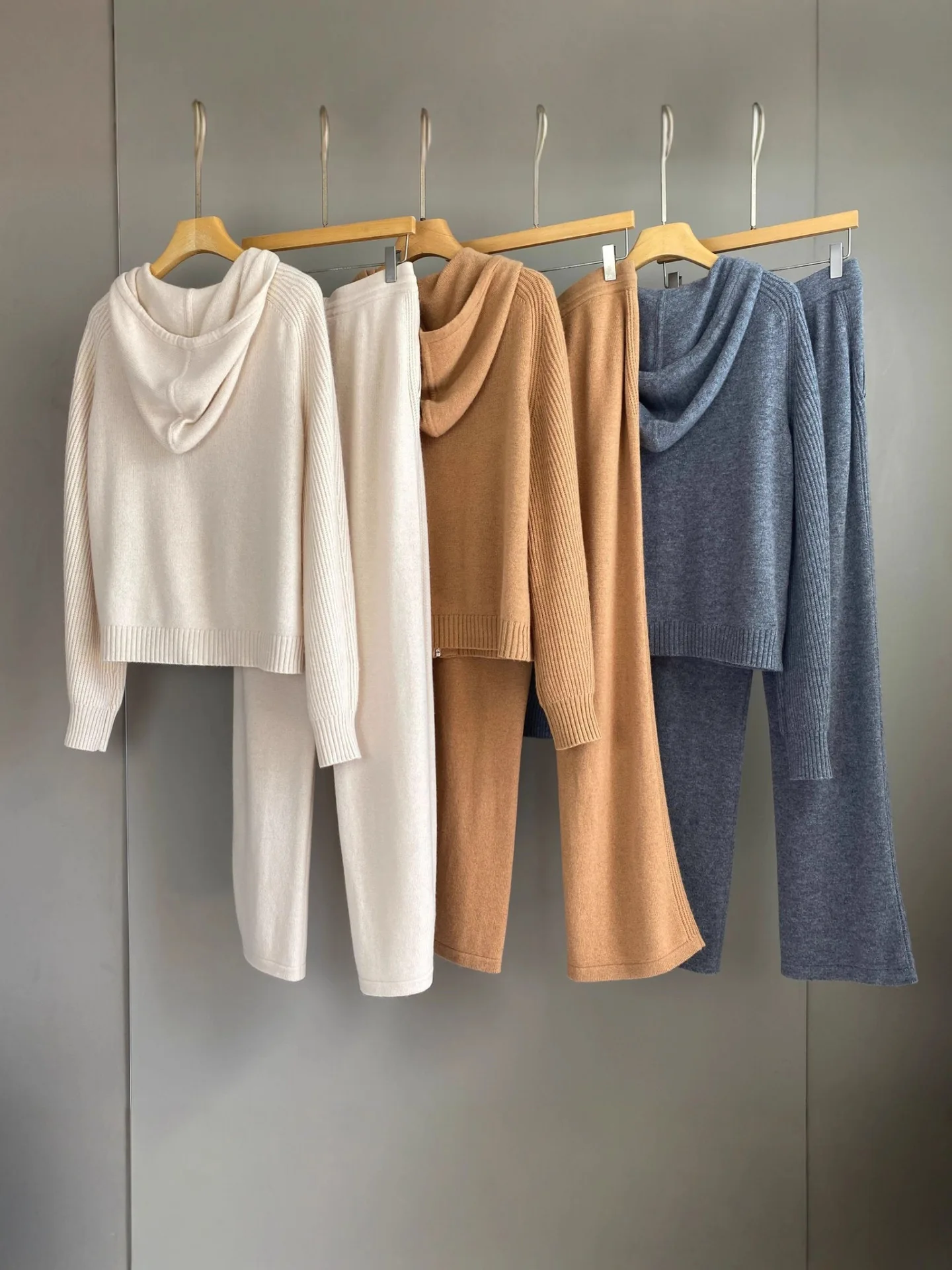 

Women Cashmere Wool Knitted Set Long Sleeve Hooded Cardigan + Elastic Waist Straight Pants Casual Female Suits