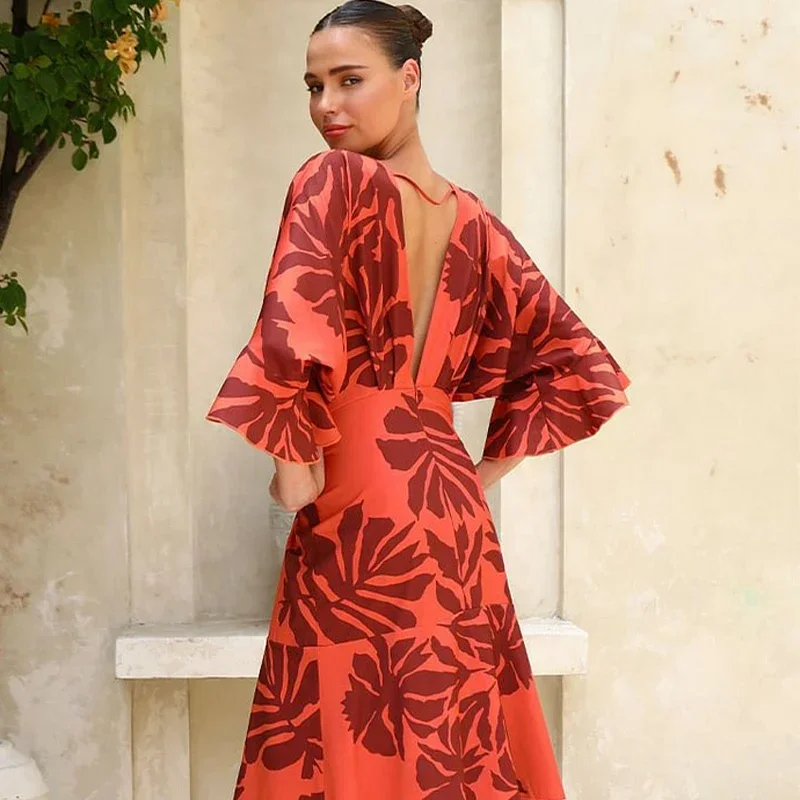 Flaxmaker 2025 뉴 여름 여성 섹시한 롱 드레스 프릴 Dolman 슬리브 프린트 드레스 Bandeau Blossom Print Sundress