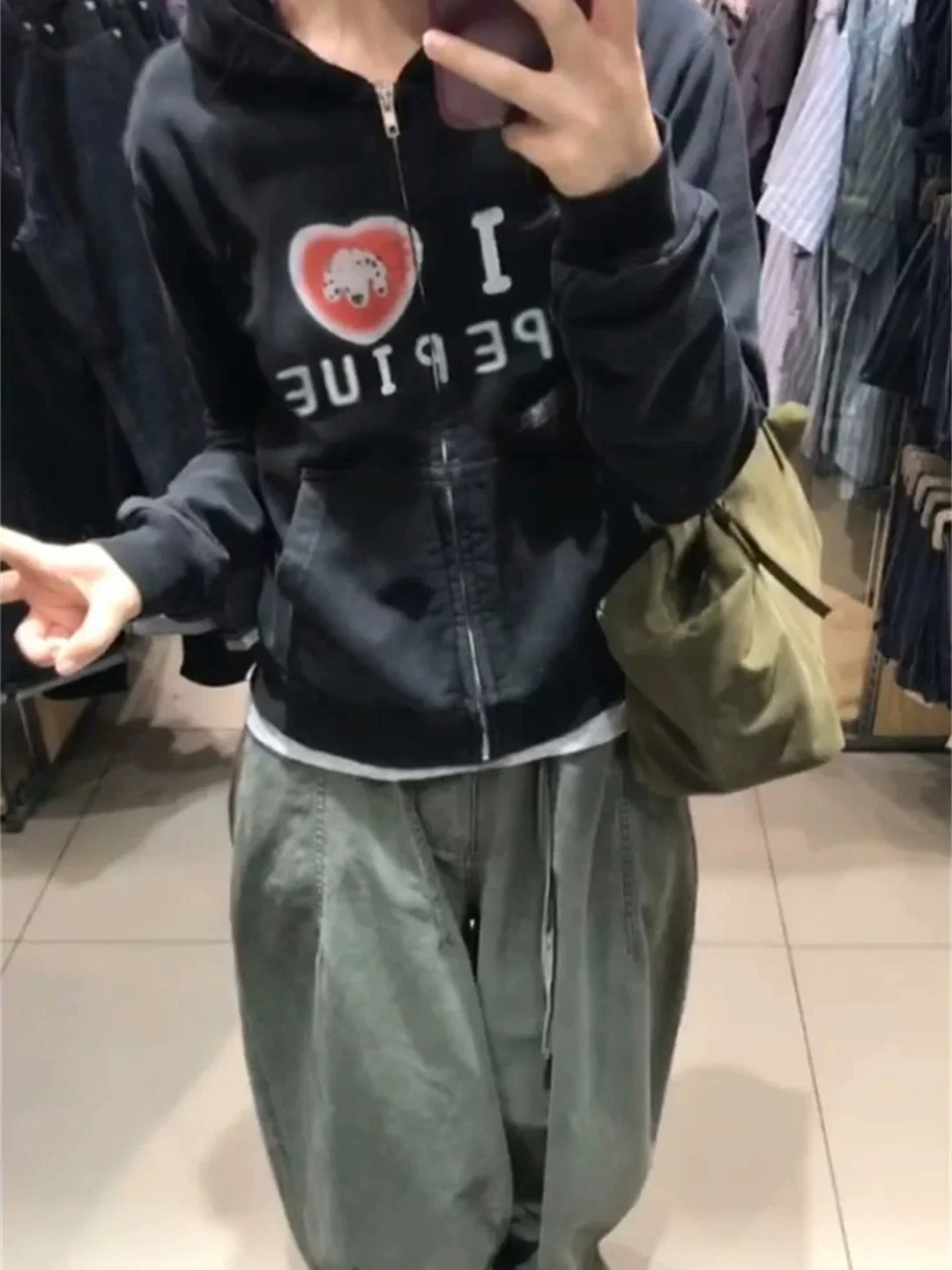 Retro American Vintage Washed Heart Letter Print Hooded Open Cardigan Sweatshirt Women Short Loose Slimming Outerwear Trendy