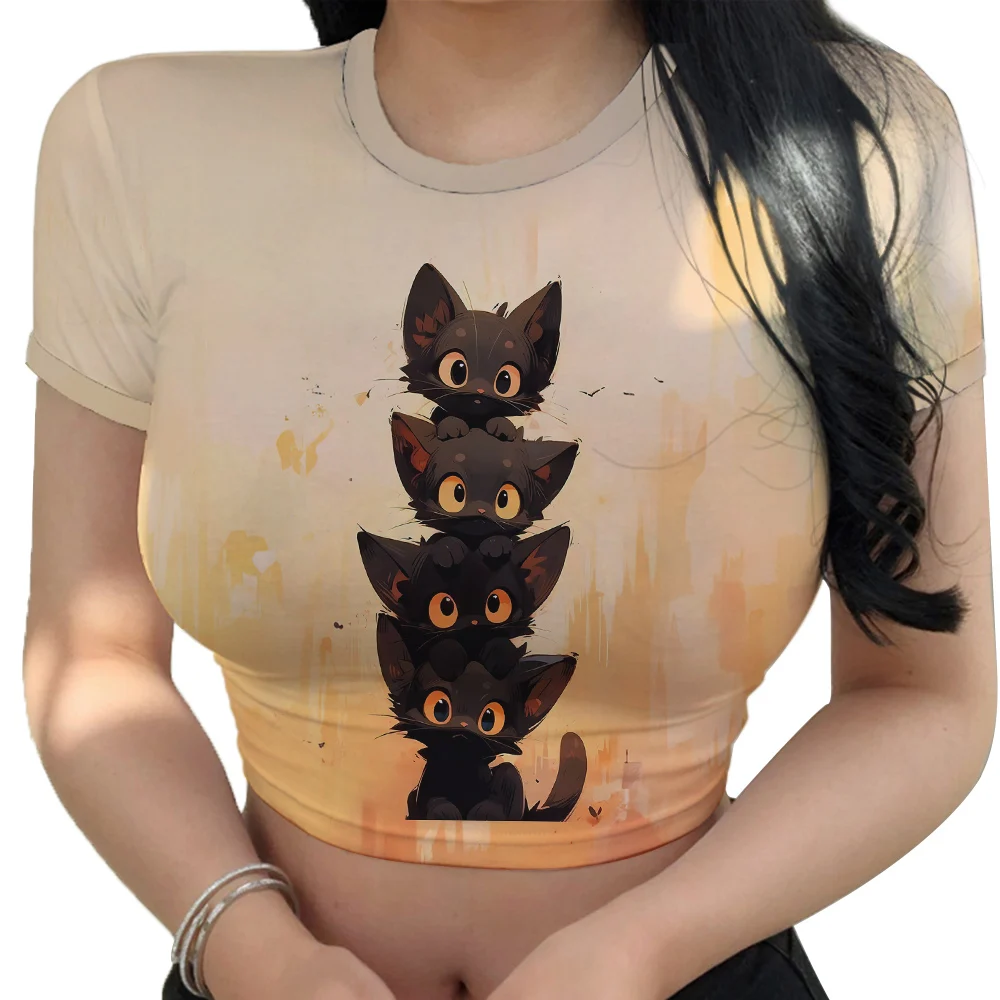 

Cute Cat Crop Top For Girls Korean Style Woman T-shirts Summer Breathable Streetwear Clothes Youthful Women's Tight Short Sleeve