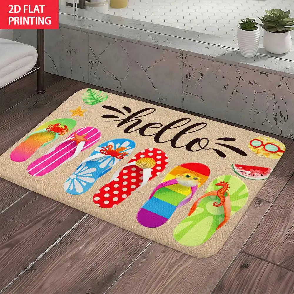 2D Flat Colorful Flip Flops Hello Summer Flannel Bath Mat Non Slip Beach Theme Rug For Bathroom Shower Floor
