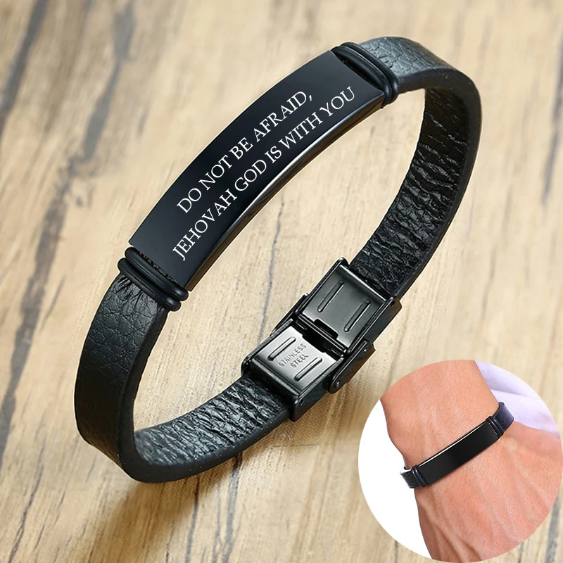 Engraved Black ID Tag Genuine Leather Bracelet Personalized Name Date Wristbands For Men Dad DIY Adjustable Length