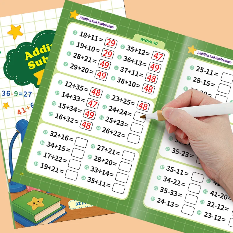 Math Workbook for Addition and Subtraction Within 50, Early Education, Math Oral Calculation English Arithmetic Problems 32 Page
