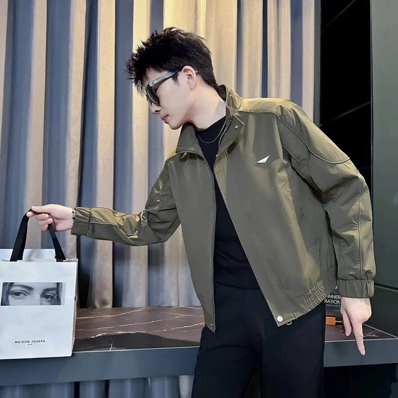 

Мужская куртка Slim Fit с воротником-стойкой, размер S (60), весна-осень, корейский стиль, молодежная, из полиэфирного волокна, ветрозащитная, на молнии