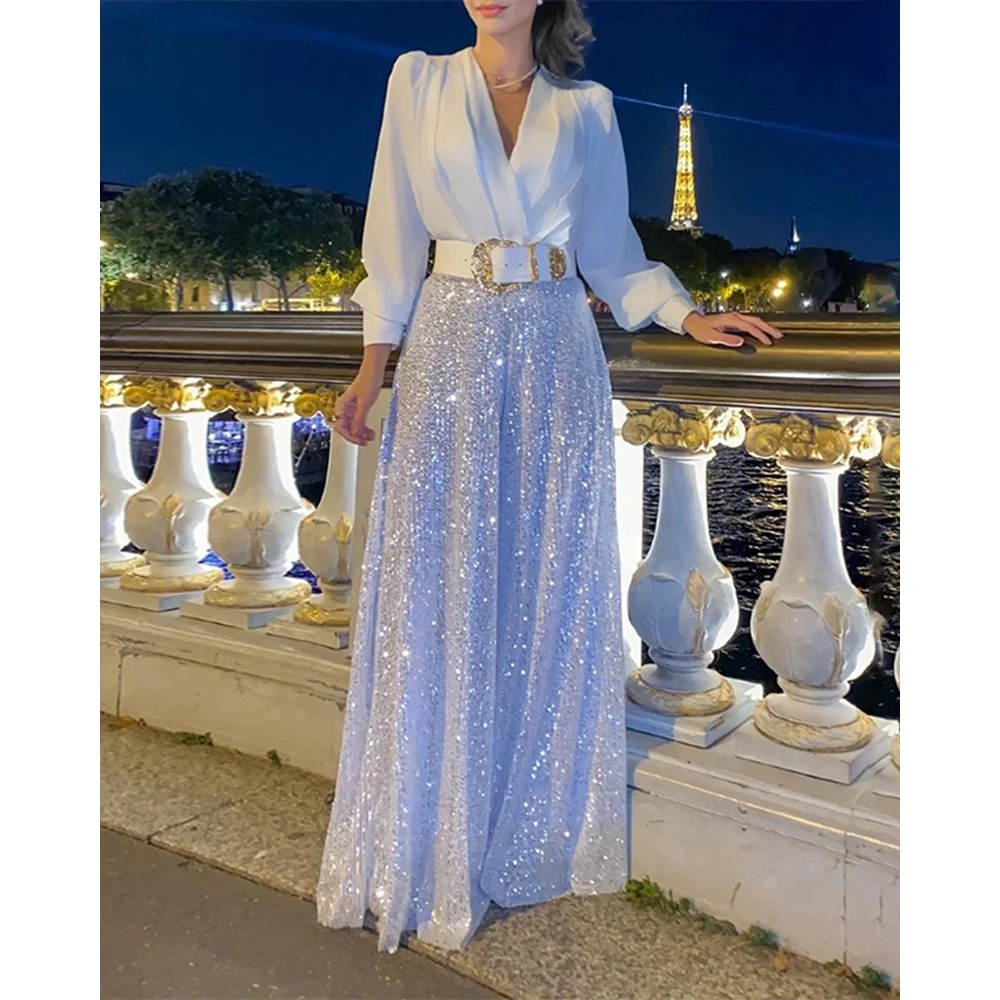 

2024 Party Women Sequins Design Wide Leg Long Sleeve Jumpsuit Summer Femme Lady V-Neck Elegant Ruched One Piece Fashion Outfits