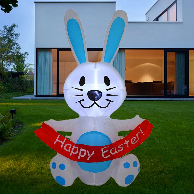 

1.2M\4FT Outdoor Inflatable Toys Blue Flag Rabbit Happy Easter Inflatable Decoration LED Light 2024 Garden Festival Party Decor