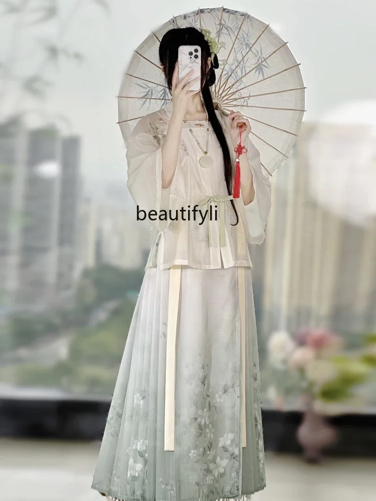 Hanfu Ming Chinese Style Embroidery Square Collar Half Sleeve Shirt Horse-Face Skirt Spring and Summer