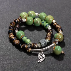 Double-Layer Vintage Ceramic Bracelet Elastic Cord Handmade Unisex Wristband Jewelry Accessory Z798