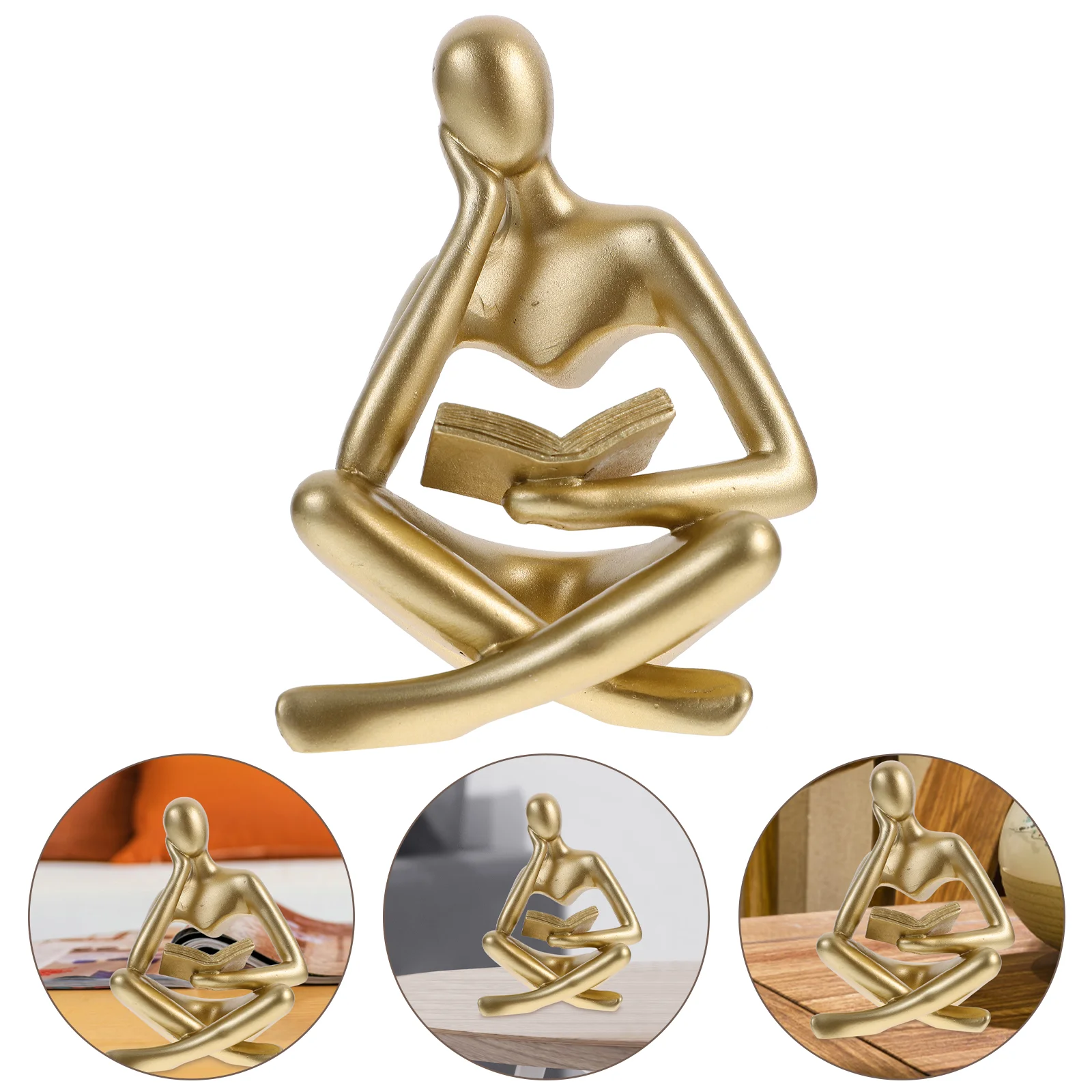 Abstract Figure Resin Sculpture Gold Minimalist Reading Man Statue for Indoor Study Living Room Decor Figurine Home Desktop