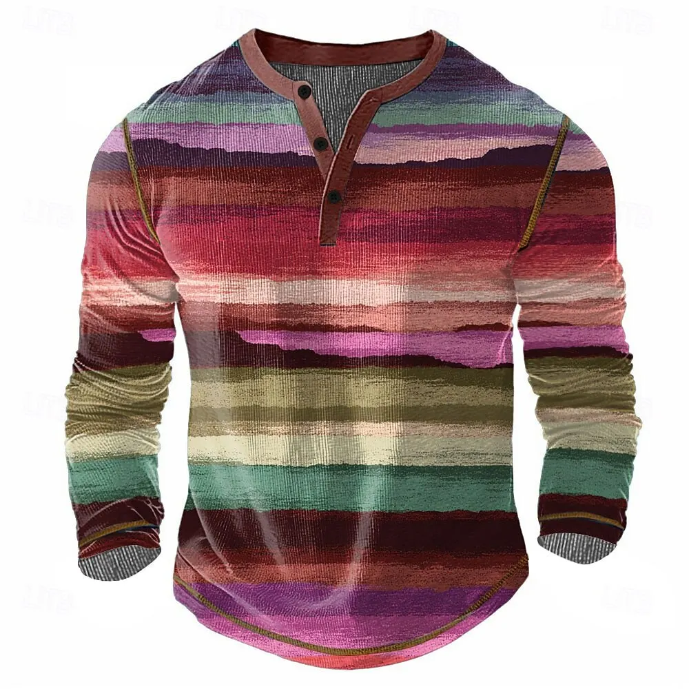 

Colorful Stripe Long Sleeve Henley T-Shirt For Men 3D Print Gradient Color Henry Collar Button Pullover Fashion Creative Clothes