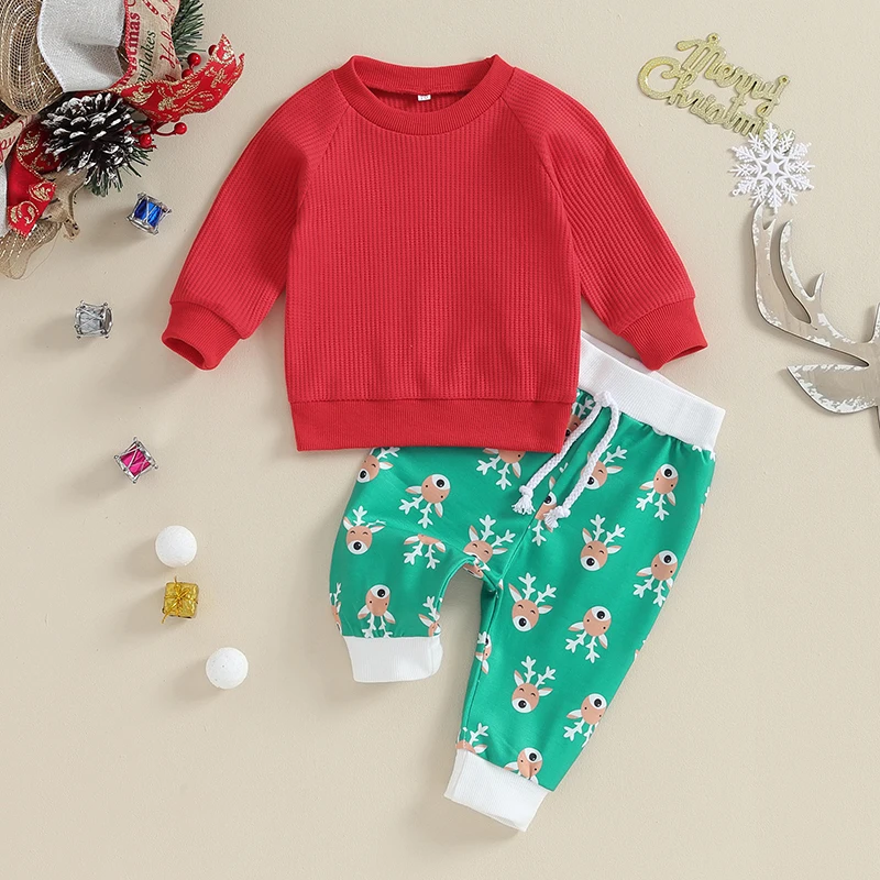 

Infant 2 Piece Set Baby Christmas Reindeer Print Outfit Toddler Round Neck Sweatshirt and Pants Suit Waffle Texture