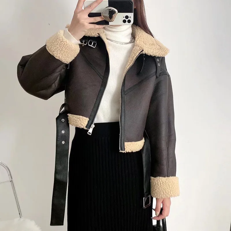 

Winter Women Streetwear Faux Lamb Leather Fur Short Jacket With Belt Moto Biker Thick Warm Sheepskin Coat Outwear Short Tops