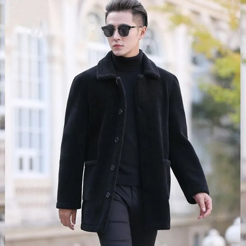 Sheep Cut Plush Coat Men Autumn Winter Medium Long Style Lamb Fur Integrated Faux Leather Exquisite warmth Fashion Jacket C35