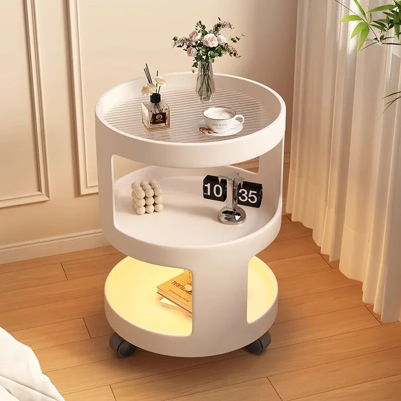 Cream Style Movable Coffee Table LED Light-Equipped Tempered Glass Table High Load-Bearing Bow-Shaped Modern Design Stylish