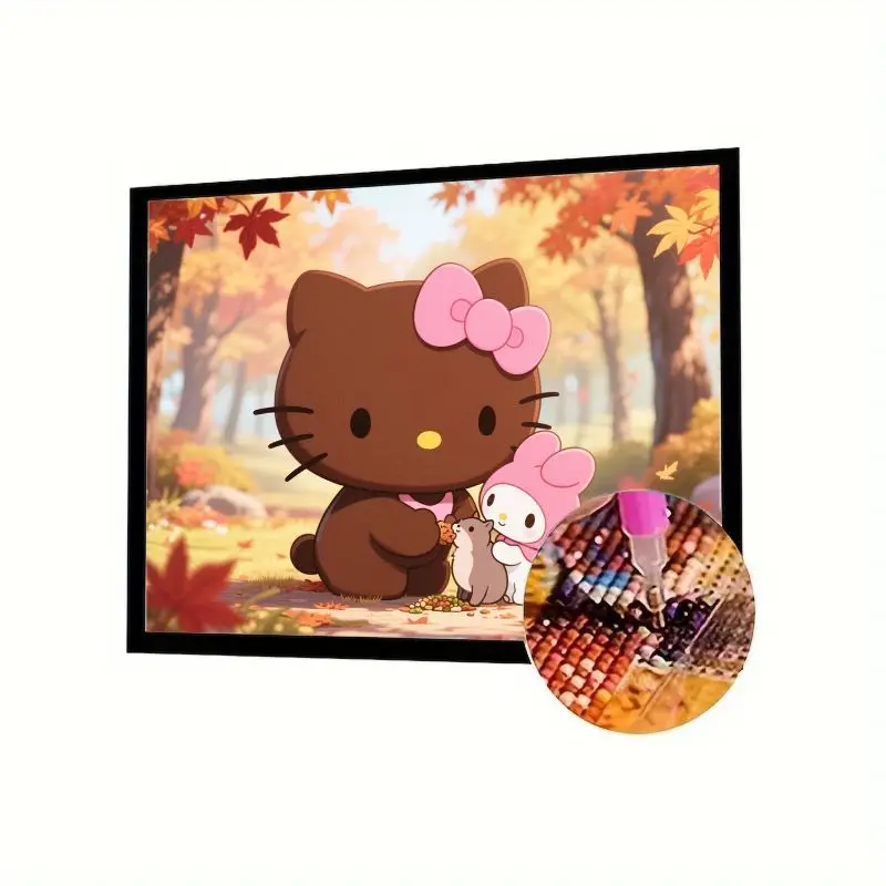 

5D Full Drill Diamond Painting Kit, Cute Sanrio Choco Hello Kitty & My Melody Autumn Forest Friends Feeding Scene, DIY Relaxatio