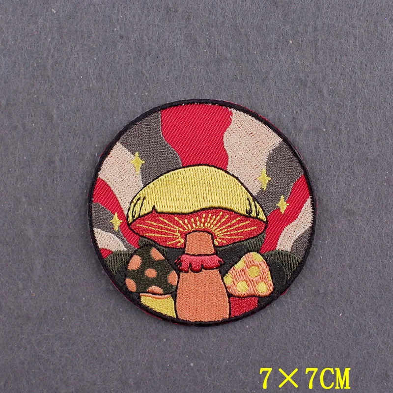 Mushroom Iron On Patches On Clothes Stripes Camping Adventure Clothing Stickers Hook Loop Embroidered Patches For Jacket Decor