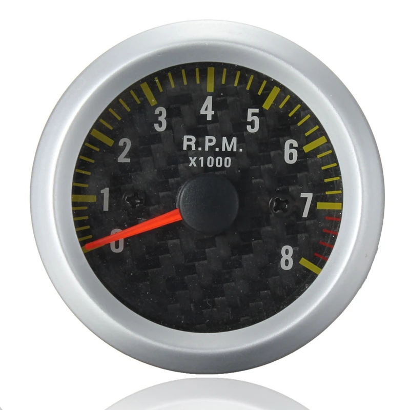 2 inch 52mm 0 - 8000 RPM Rev Tacho Gauge Car Tachometer Carbon Fiber Face Yellow LED