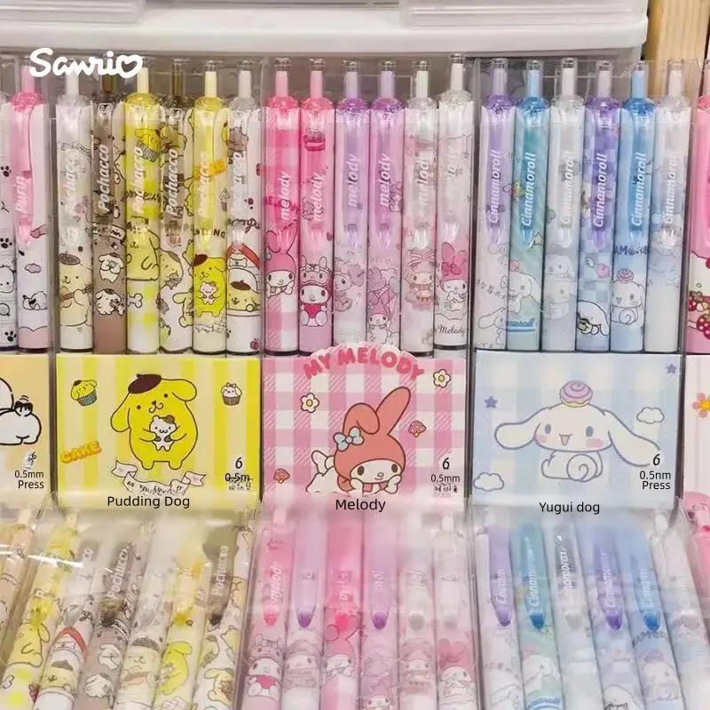 

Sanrio Hello Kitty Pen 6pcs Y2k Kawaii Boxed Neutral Cinnamoroll Kuromi MelodyCartoon Black Push Pen Stationery Learning