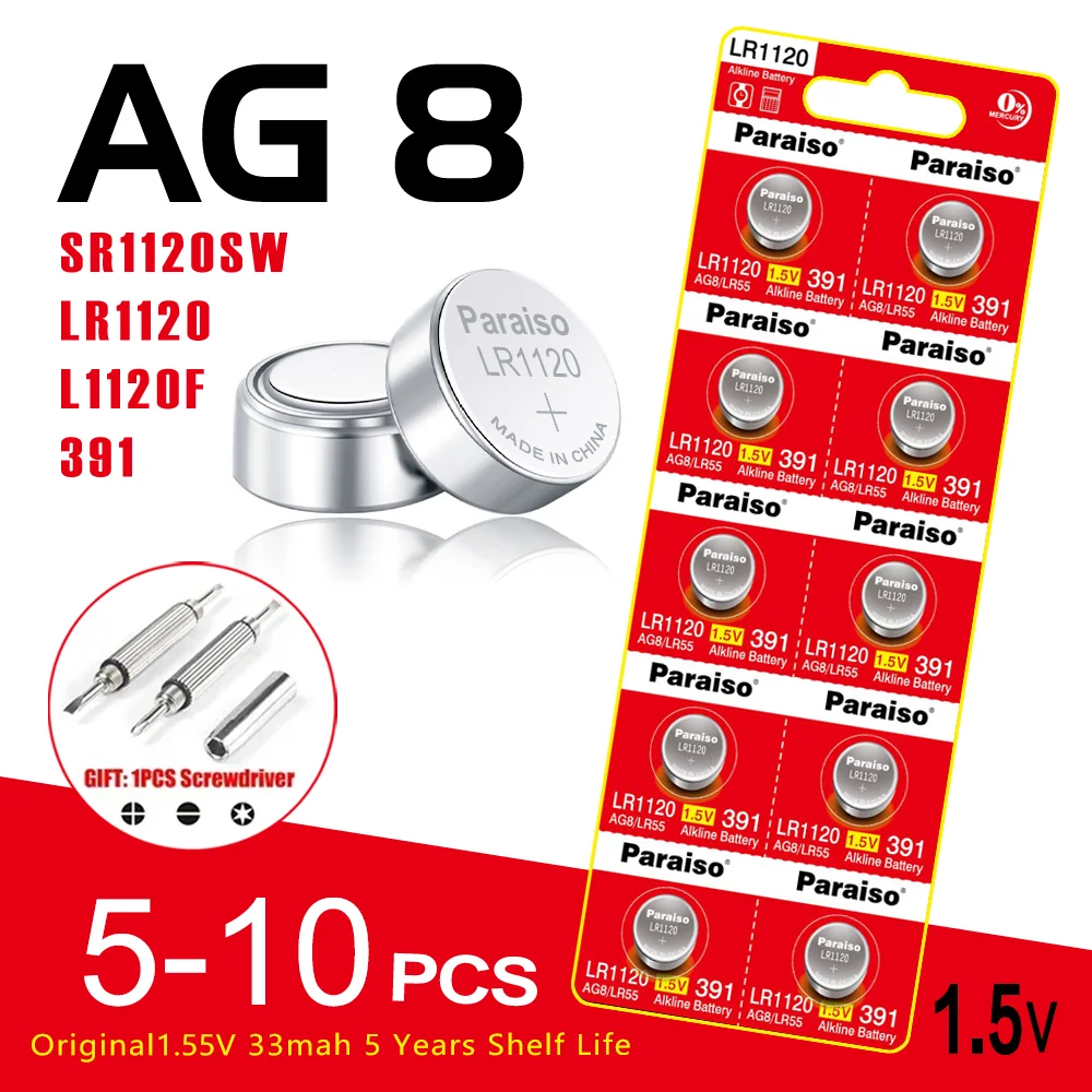 Nueva batería de botón AG8 de 1,55 V, Compatible con LR1120 391 SR1120 R1120W, confiable para relojes, juguetes, Control remoto y dispositivos de pila de moneda
