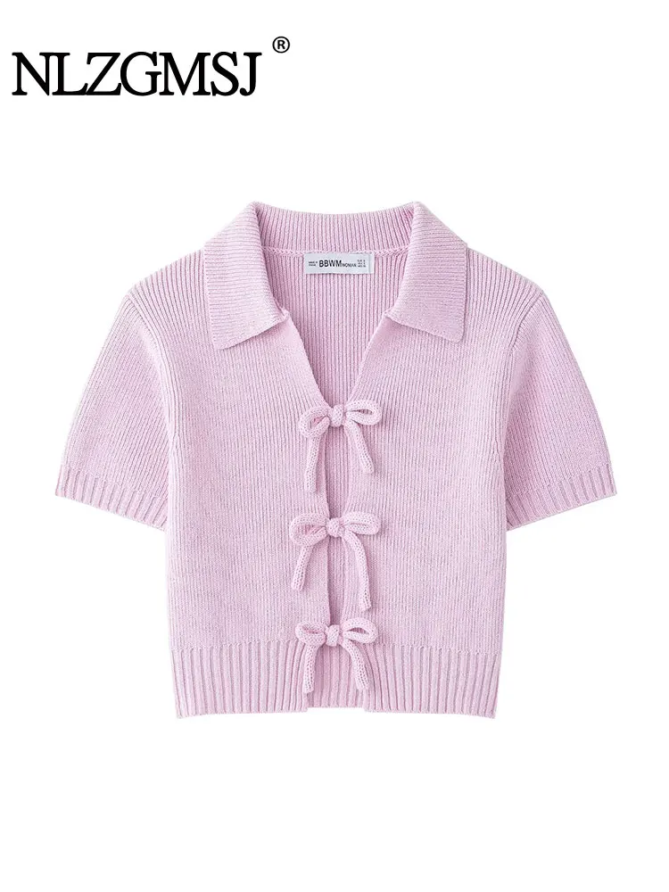 

2025 Spring Chic Women Sweater Solid V-Neck Short Sleeve Knitted Lace-up Bow Cardigans Fashion Summer Sweaters