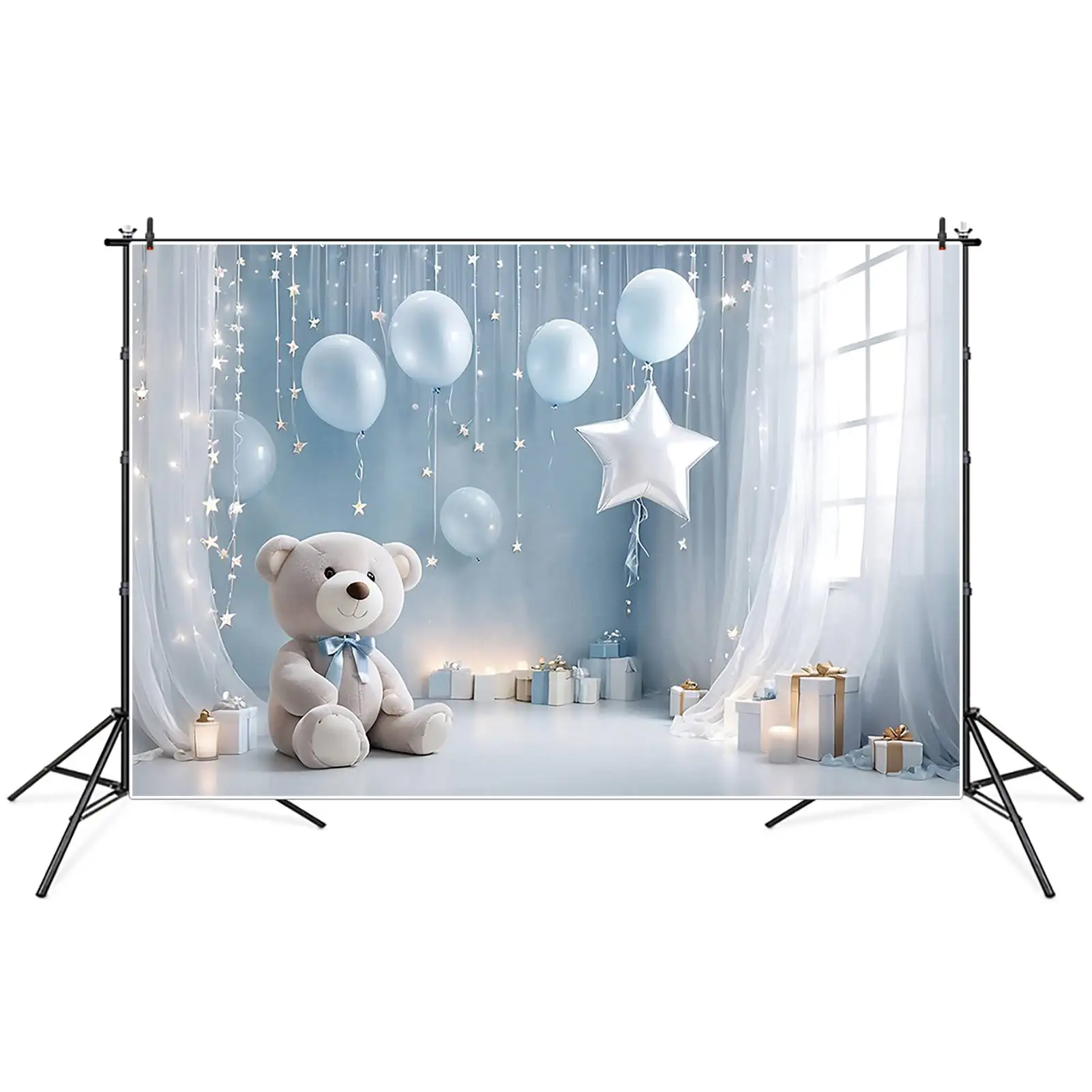MOON.QG-cortinas de oso de peluche para niños, telón de fondo de un cumpleaños, globo azul, fondos blancos, decoración de fiesta personalizada, accesorios de Photozone