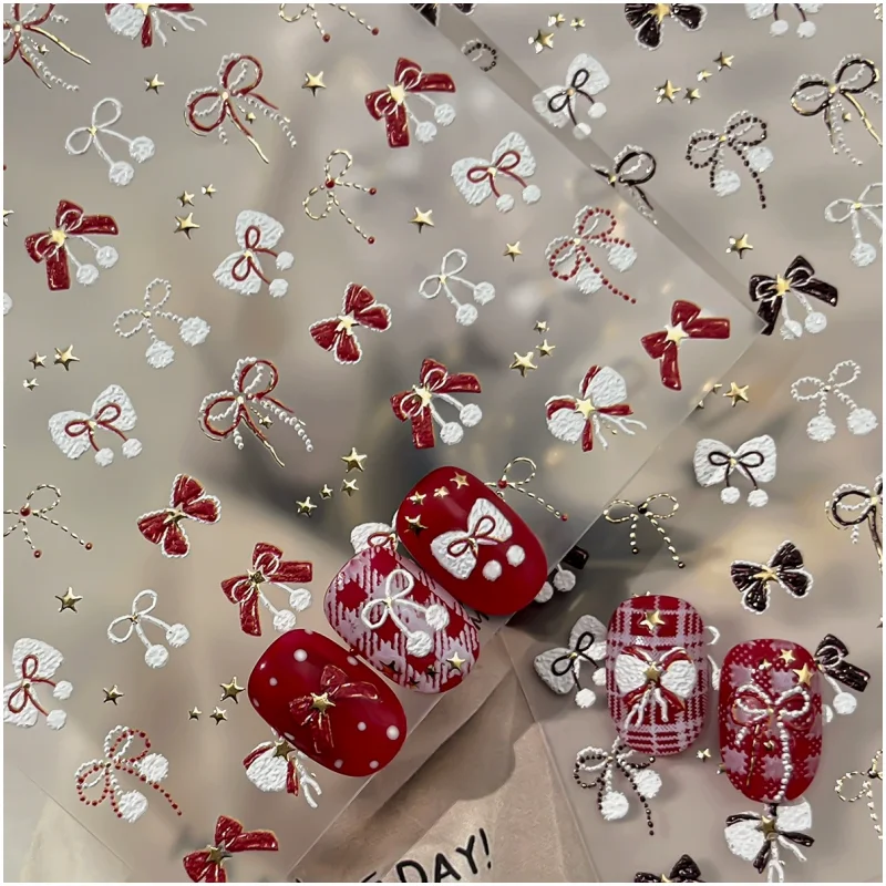 Exquisite Winter Nail Sticker Red Bow and Gold Star Bowkont Pattern Self-adhesive Nail Decoration Sticker Accessories DIY Decals
