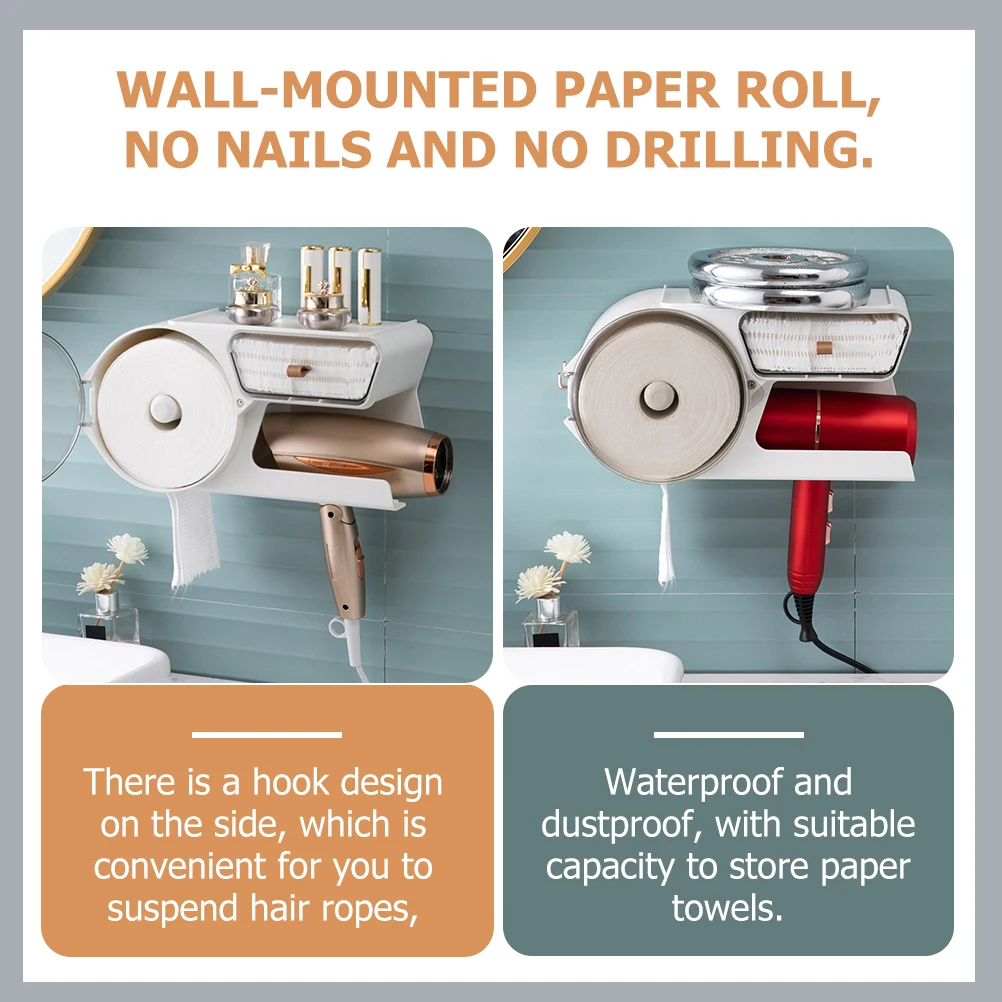 

Toilet Paper Container Bathroom Tissue Dispenser Wall Mounted Hips Pet Material Extra Space for Hair Dryer