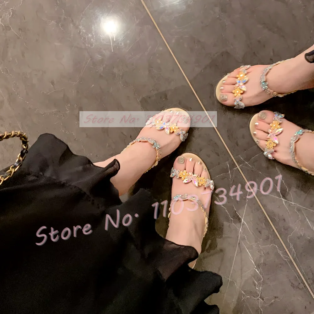 Colorful Crystal Flowers Silver Sole Mules Women Elegant Gold High Heels Nifty Slippers Female Party Floral-applique 2024 Shoes